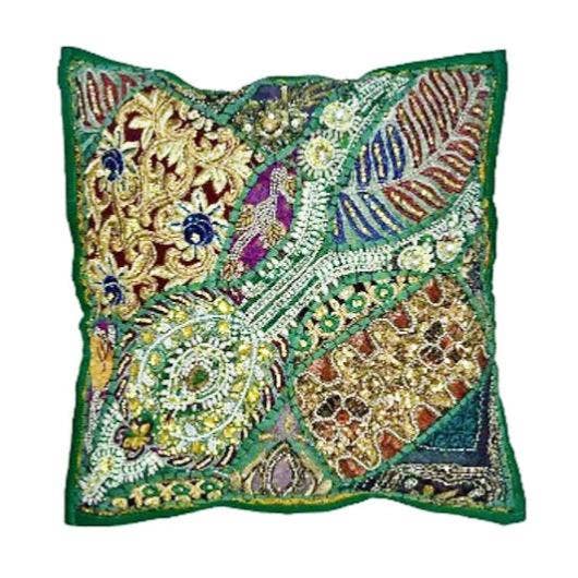 Cushion Cover Patchwork Heavily Embroidered Green