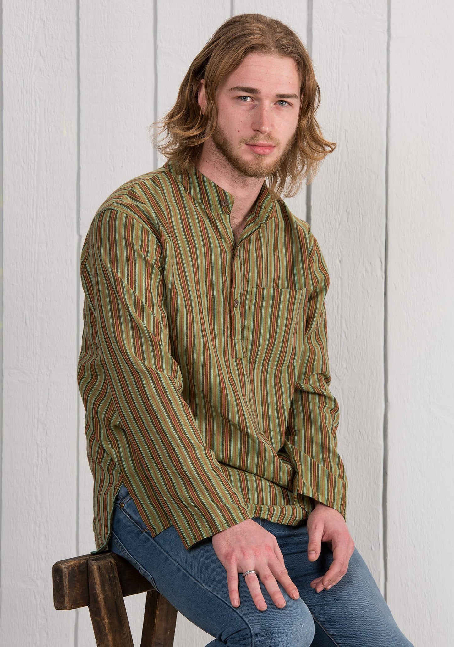 Unisex Lightweight Cotton Stripe Grandad Shirt: XL