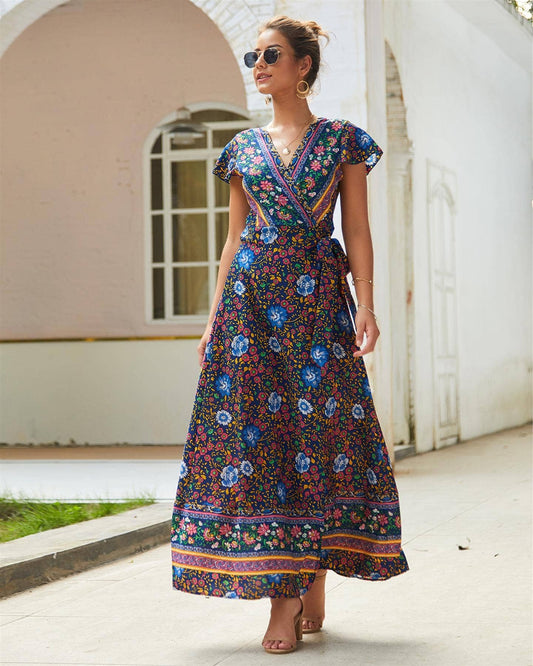 Bohemian Style Wrap Maxi Dress In Navy & Yellow & Green Floral Print: 8