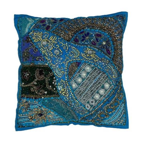 Cushion Cover Patchwork Heavily Embroidered Turquoise