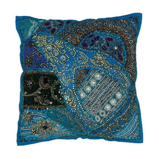 Cushion Cover Patchwork Heavily Embroidered Turquoise