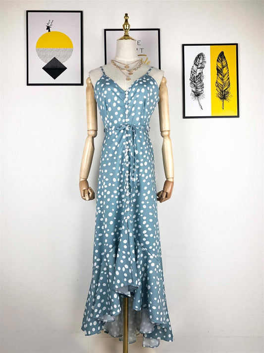 Frill Detail Strappy High Low Dress In Dark Egg Blue With Spot Print: 8