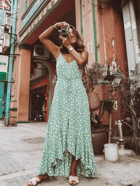 Frill Detail Strappy High Low Dress In Mint With Spot Print: 8