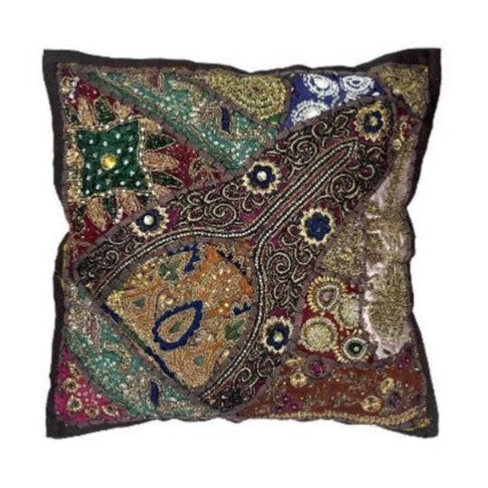Cushion Cover Patchwork Heavily Embroidered Brown