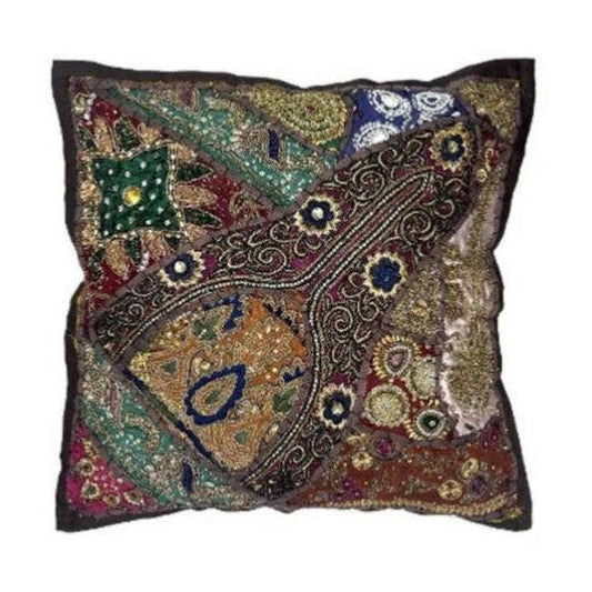 Cushion Cover Patchwork Heavily Embroidered Brown