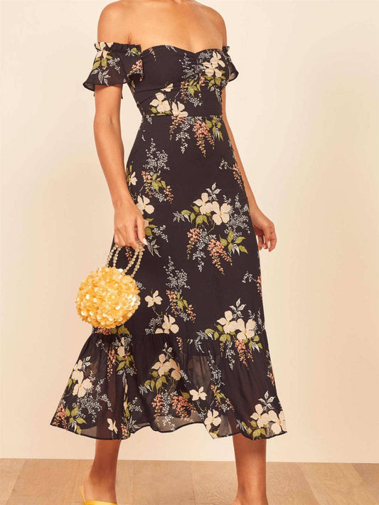 Off Shoulder Frill Midi Dress In Black Floral: 8