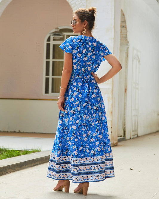 Bohemian Style Wrap Maxi Dress In Blue & Pink Floral Print: 8