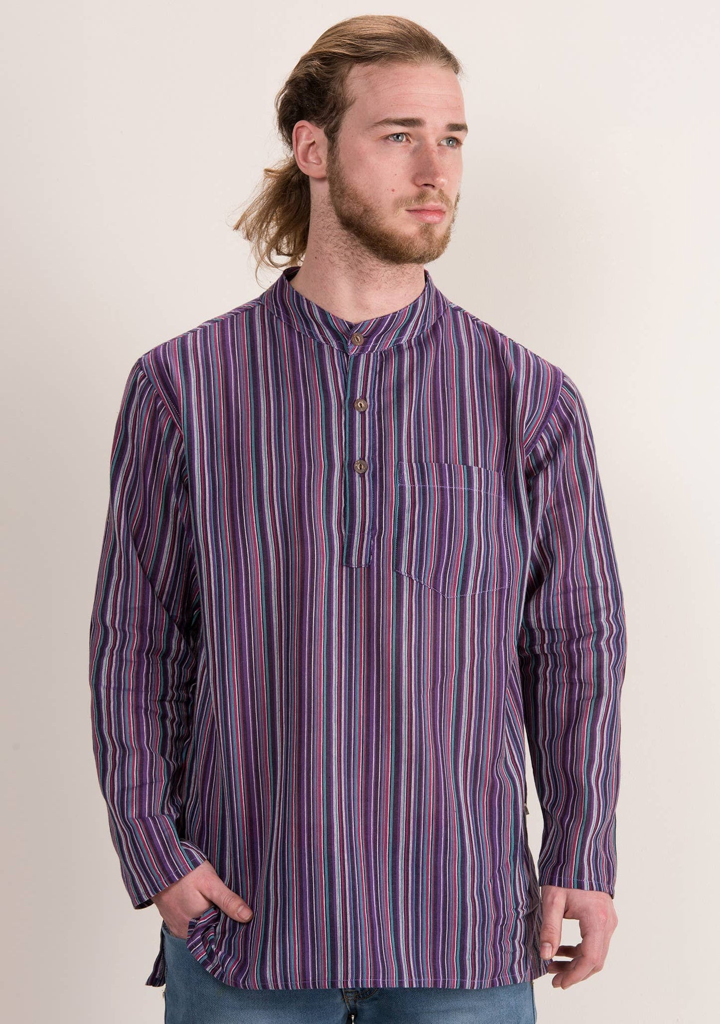 Unisex Lightweight Cotton Stripe Grandad Shirt: XL