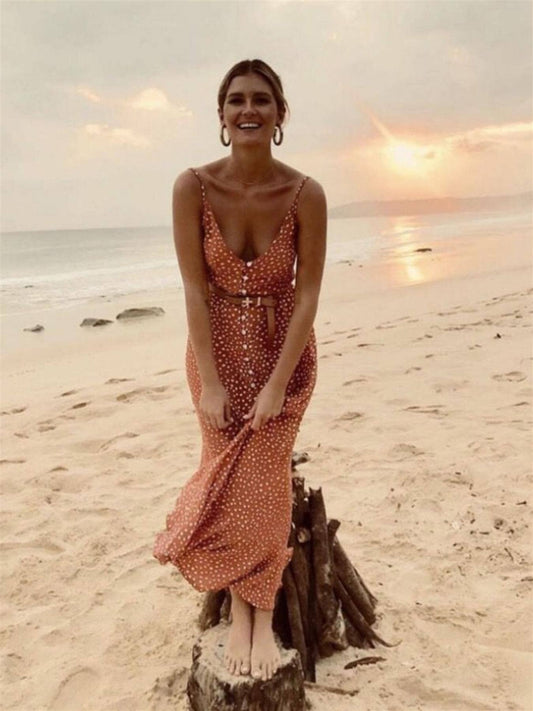 Frill Detail Strappy High Low Dress In Orange With Spot Print: 10