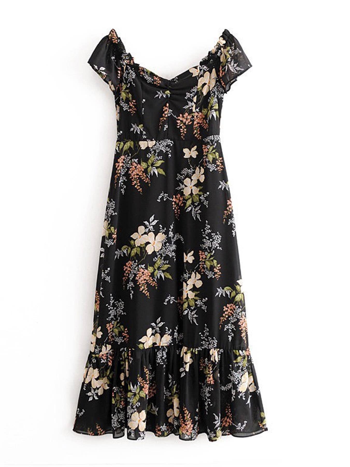 Off Shoulder Frill Midi Dress In Black Floral: 10