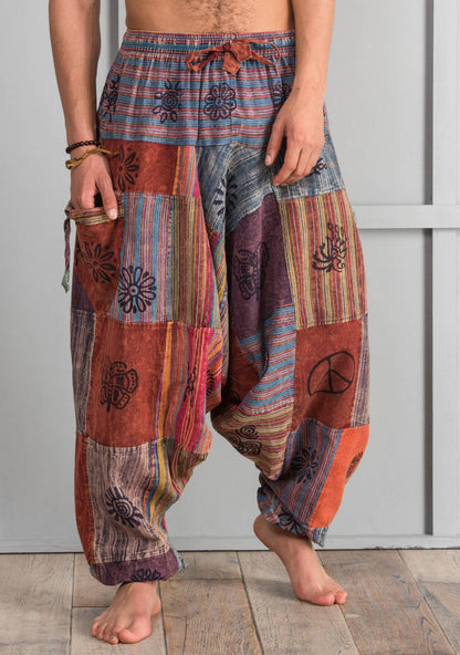 Freesize Stonewash Cotton Patchwork Aladdin Pants