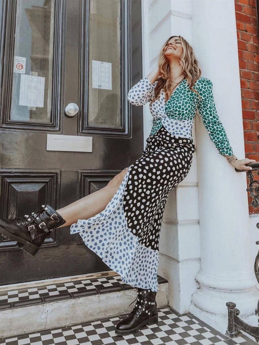 Plunge Maxi Dress in White/Black/Green: 10
