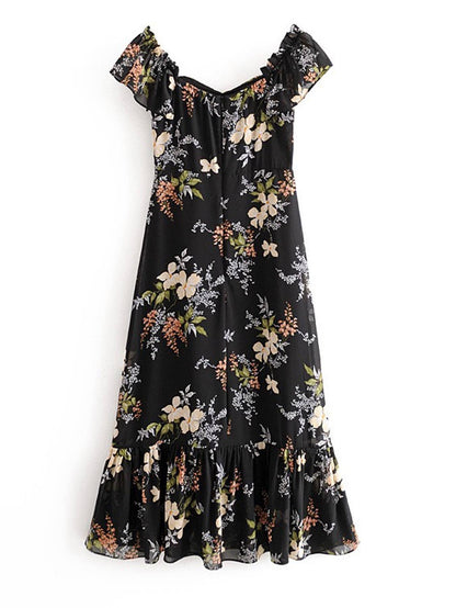 Off Shoulder Frill Midi Dress In Black Floral: 8