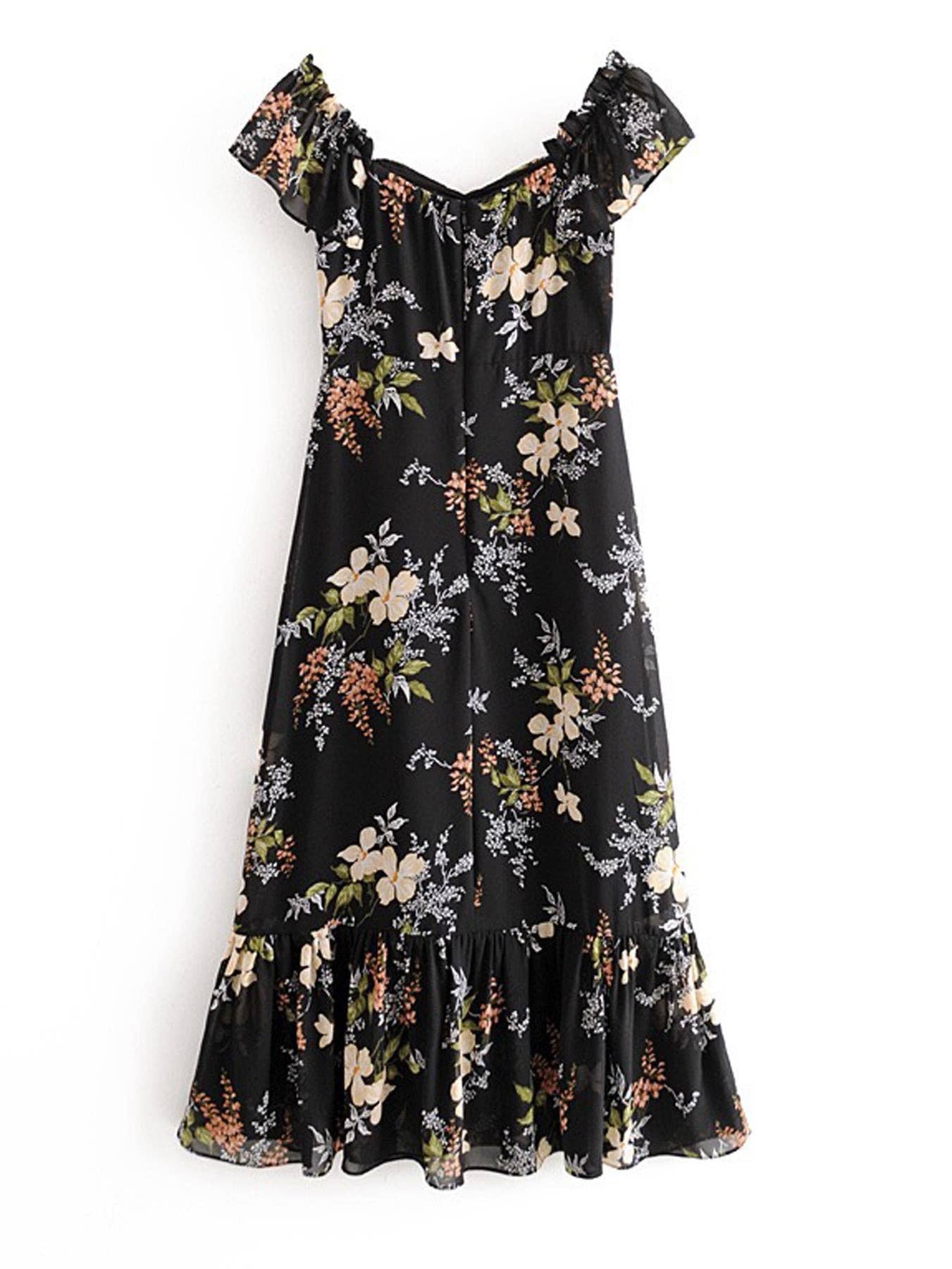 Off Shoulder Frill Midi Dress In Black Floral: 10