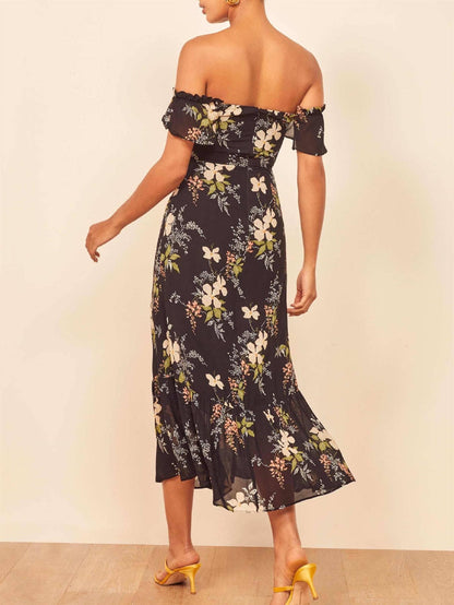 Off Shoulder Frill Midi Dress In Black Floral: 10