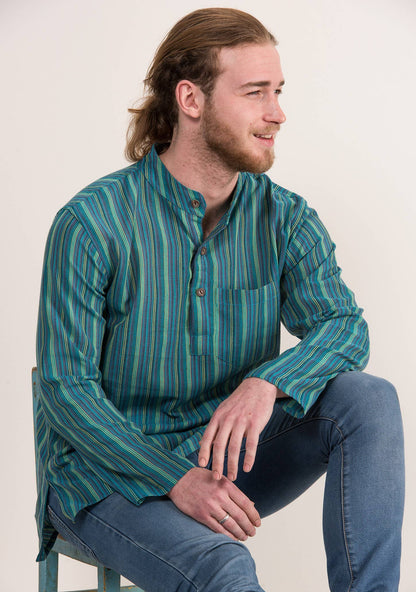 Unisex Lightweight Cotton Stripe Grandad Shirt: M