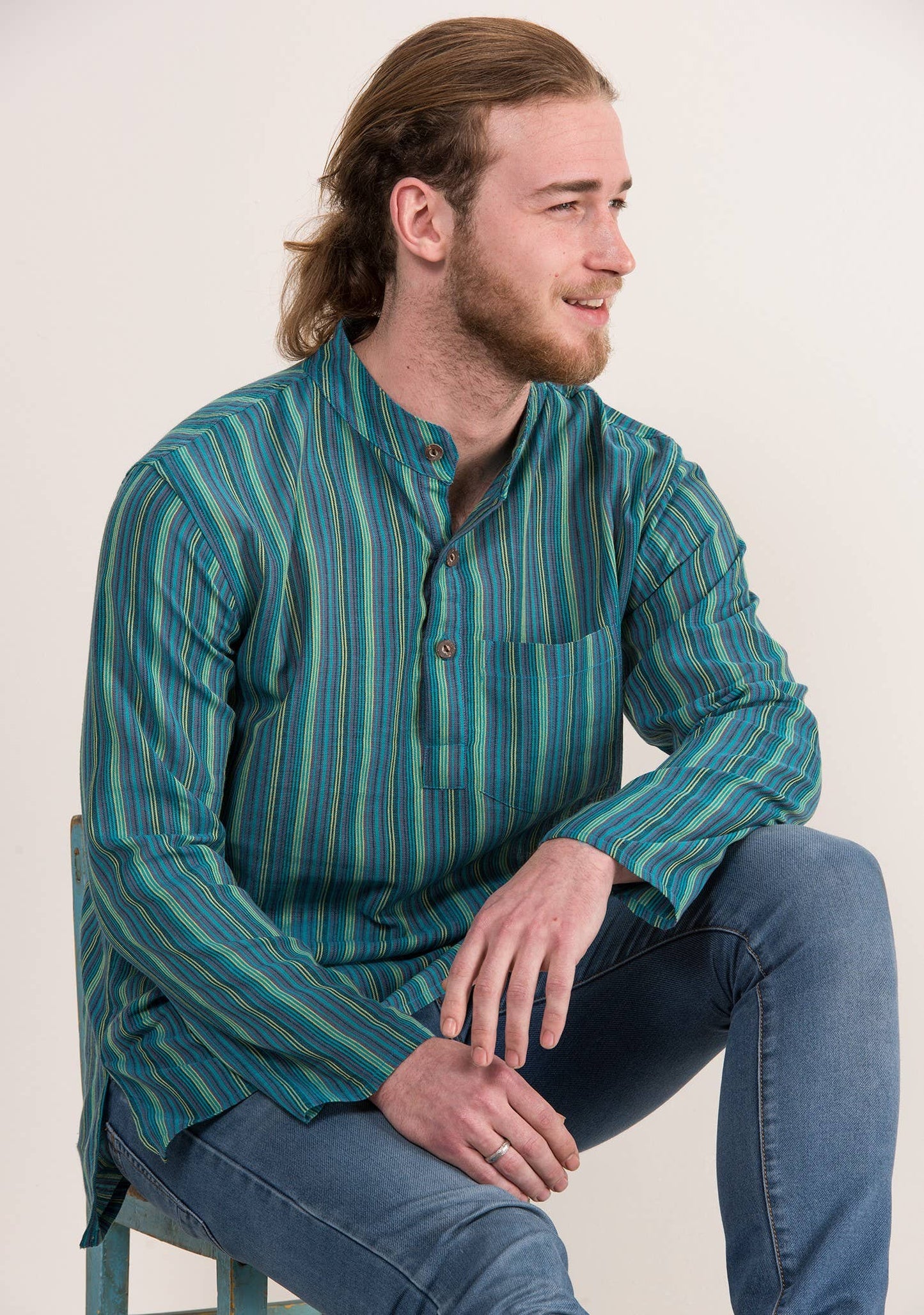 Unisex Lightweight Cotton Stripe Grandad Shirt: XL