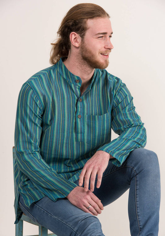 Unisex Lightweight Cotton Stripe Grandad Shirt: XL